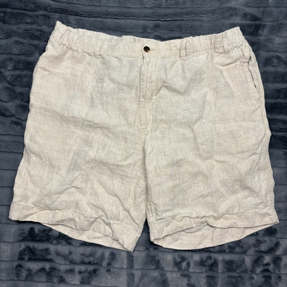 Caribbean Mens 100% Linen Shorts Oatmeal Beige Elastic Waist Size 46 Tropical